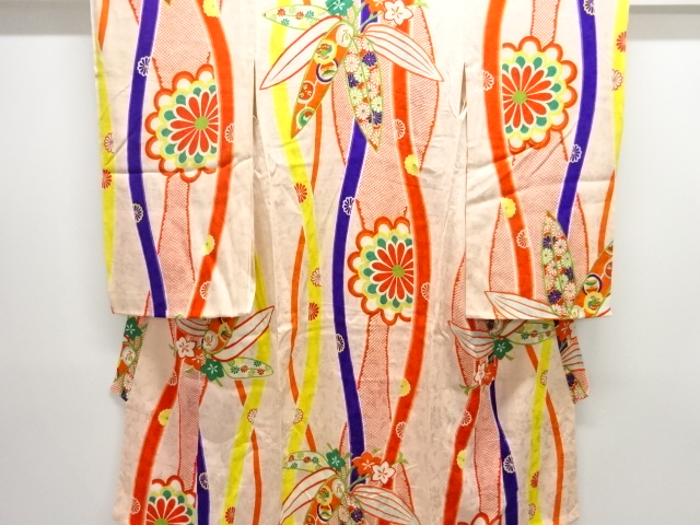 JAPANESE KIMONO / ANTIQUE KIMONO / WAVY STRIPE & KIKU & BAMBOO GRASS
